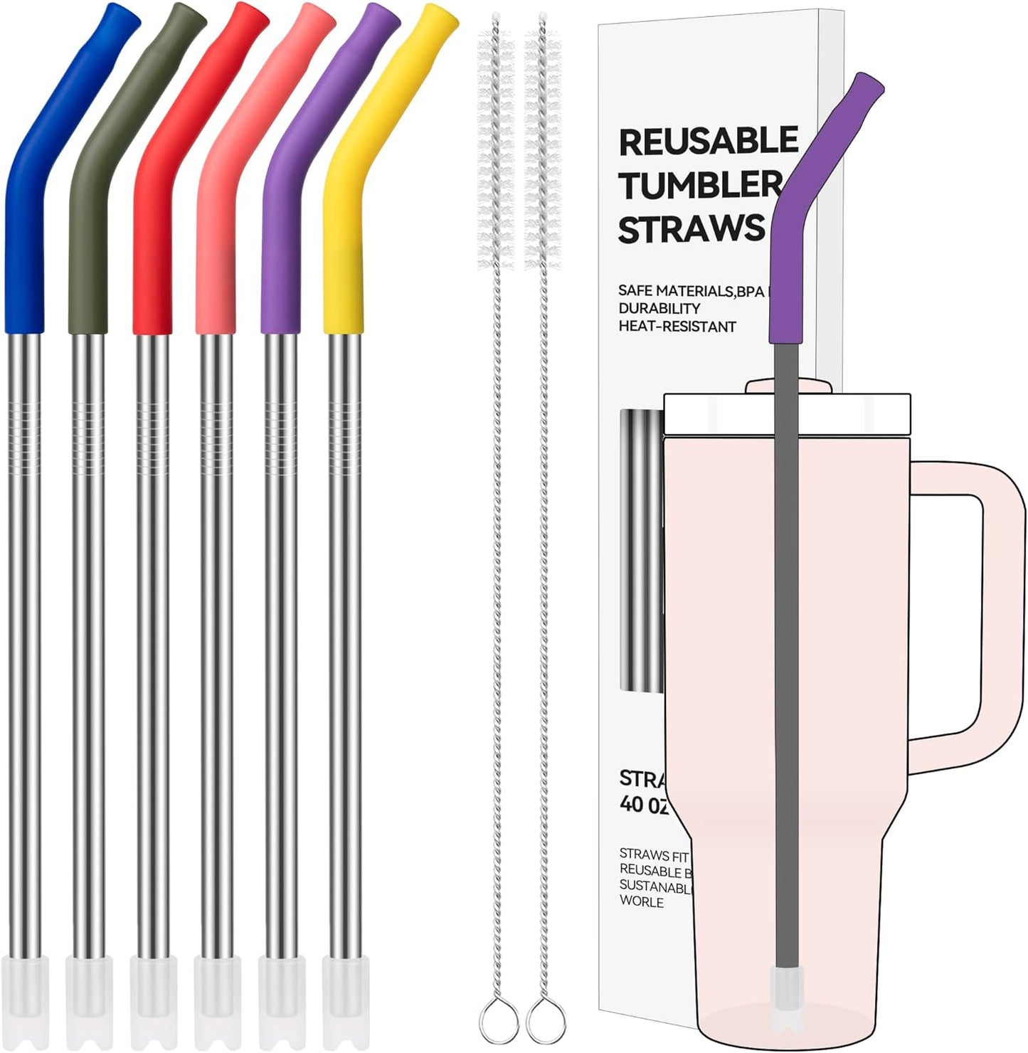 40 oz Straight Metal Straws for 40 oz Stanley Tumbler, 6 Pcs Stainless Steel Reusable Drinking Metal Straw with Colourful Silicone Tips,Straw for Glass Cups, BPA FREE