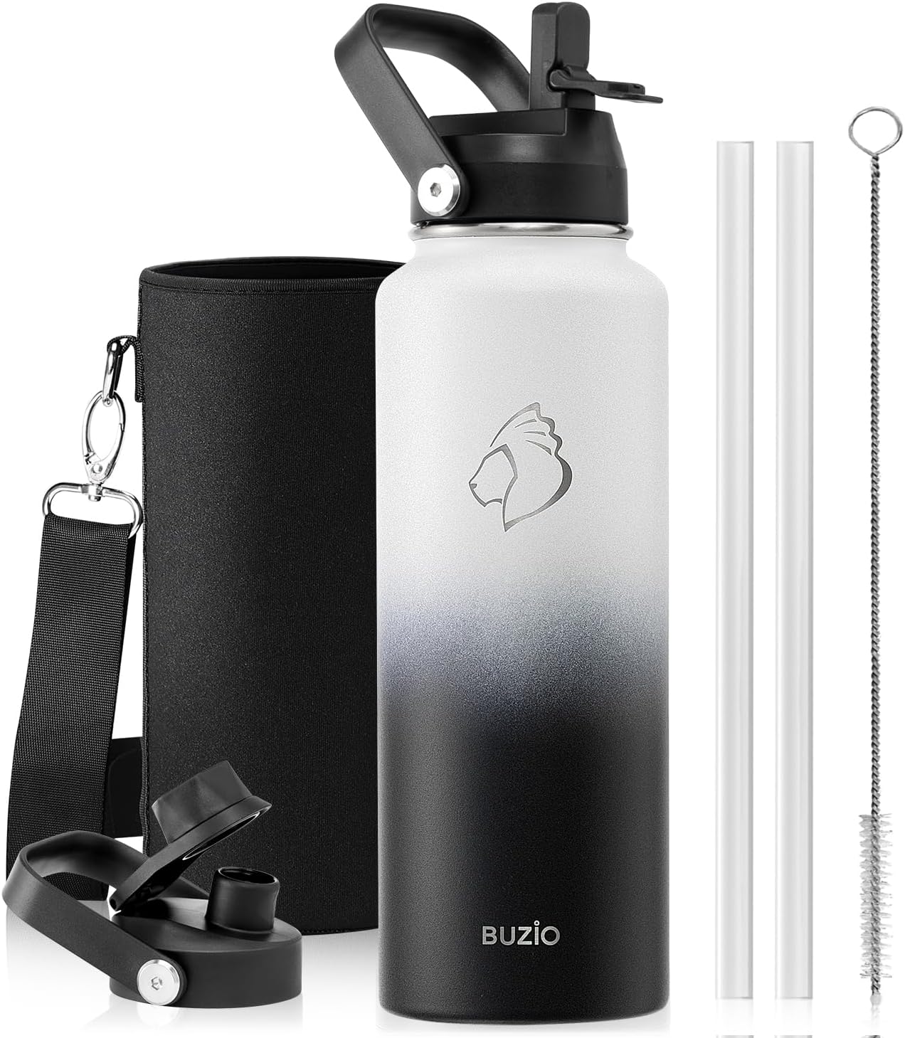BUZIO 40oz Insulated Water Bottle, Triple Wall Vacuum Stainless Steel Water Flask with 2 lids, Lead-Free BPA-Free Straw Lid Sports Canteen Jug, Cold 48H & Hot 24H- Black - Colors A