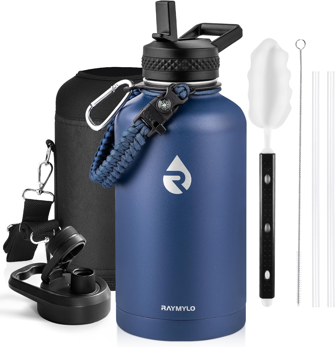 RAYMYLO One Gallon Water Bottle Insulated, Triple Walled Vacuum Stainless Steel (Cold for 48 Hrs), Leak Proof & Non-BPA, Large Water Flask Jug with Paracord Handle & Straw Spout Lids