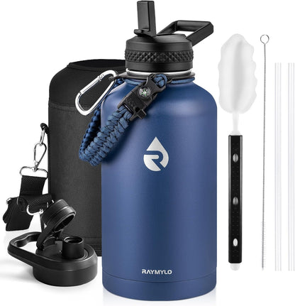 RAYMYLO One Gallon Water Bottle Insulated, Triple Walled Vacuum Stainless Steel (Cold for 48 Hrs), Leak Proof & Non-BPA, Large Water Flask Jug with Paracord Handle & Straw Spout Lids
