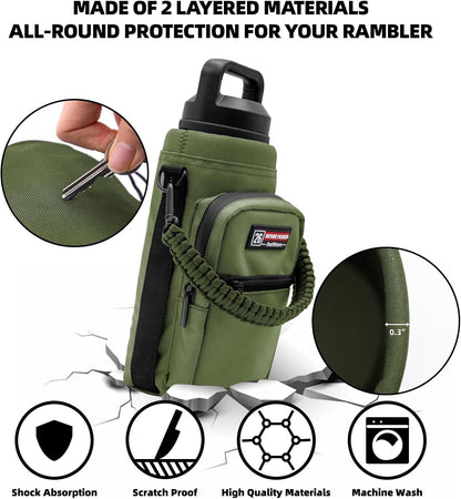 NATURE PIONEOR Water Bottle Holder with Adjustable Strap - 26/32/36/40/46/64oz Insulated Water Bottle Sling Carrier with Paracord Handle & 2 Pockets, Outdoor Sports, Hiking, Camping, Gym