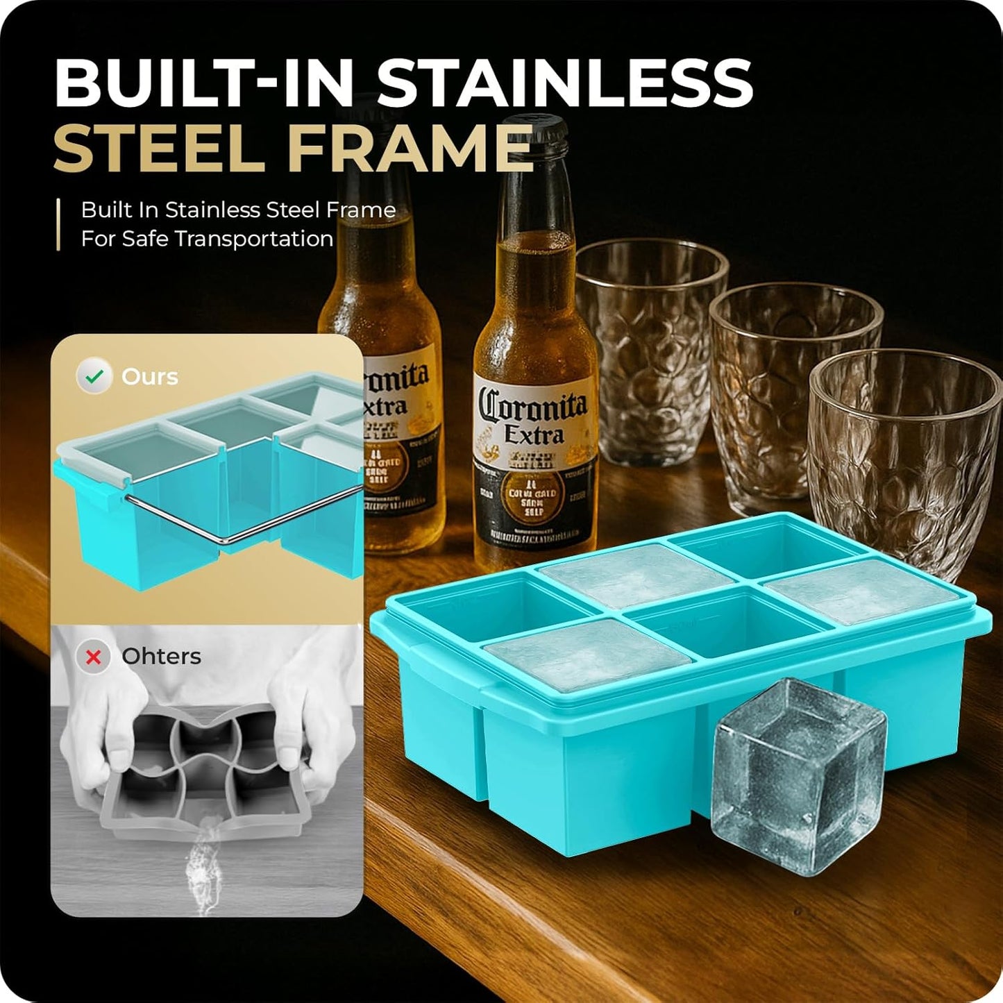 Large Ice Cube Trays for Whiskey, Silicone Ice Cube Tray, with Reinforced Steel Ring Top, Makes 12 perfect 2-in ice cubes, Square Ice Tray for Cocktails, Whiskey, Coffee. (2 Pack)