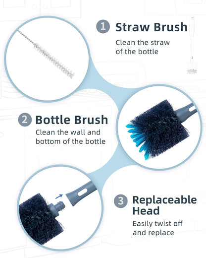 ROSEOK 2 in 1 Long Handle Bottle Brush with Straw Brush for Cleaning Glass, Sports Bottle, Coffee Mug,Navy Blue,1 Pack