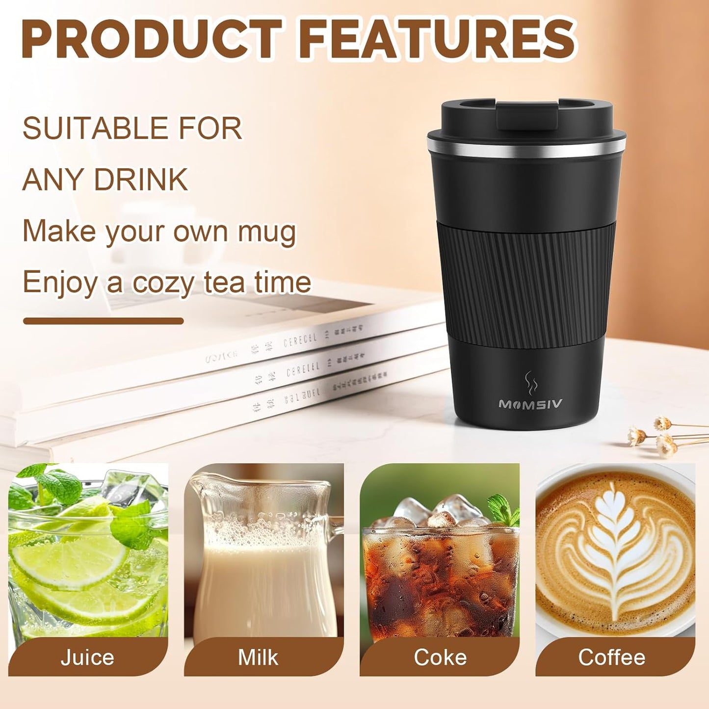 MOMSIV 12oz Travel Mug, Insulated Coffee Cup with Leakproof Lid, Travel Coffee Mug Vacuum Stainless Steel Double Walled Reusable Coffee Cup for Hot and Cold Water Coffee