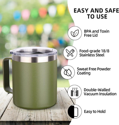 Volhoply 14oz Insulated Stainless Steel Coffee Mug with Lid Bulk 4 Pack,Double Wall Vacuum Travel Coffee Cup with Handle,Reusable Metal Cups Tumbler Cup,Camping Mugs,Ideal Gifts(Mix,4)