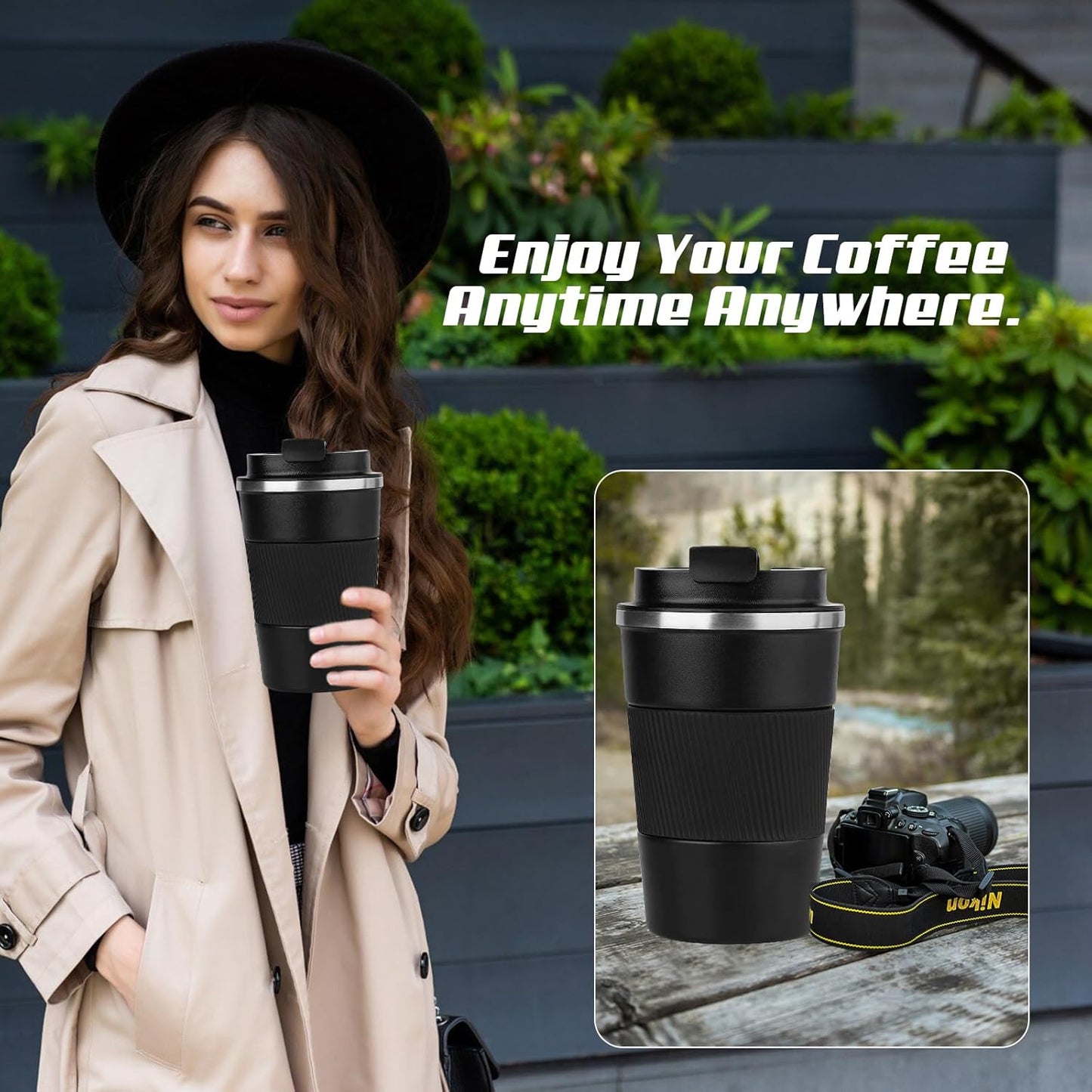 SPLMIFA Vacuum-Insulated Stainless Steel Travel Coffee Mug, Leak-Proof Reusable Coffee Cup with Lid - Keep Hot & Cold Drinks for Hours, Durable Insulated Tumbler for Men & Women(3rd-Black, 12OZ)