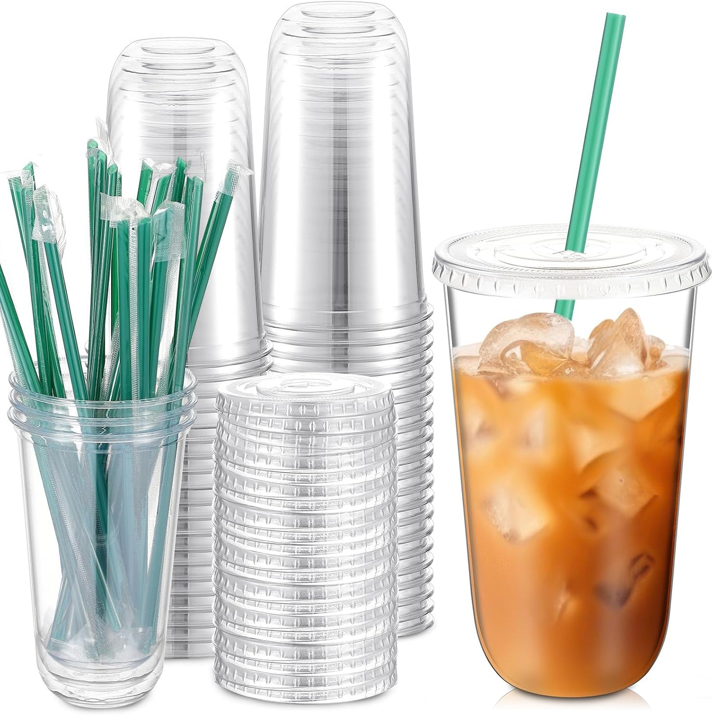 Baderke 25 Set Plastic Cups with Lids and Straws, Disposable Plastic Iced Coffee Cup for Cold Beverage Juice Smoothie Crystal for Coffee Shops Party Catering(Clear,16 oz)
