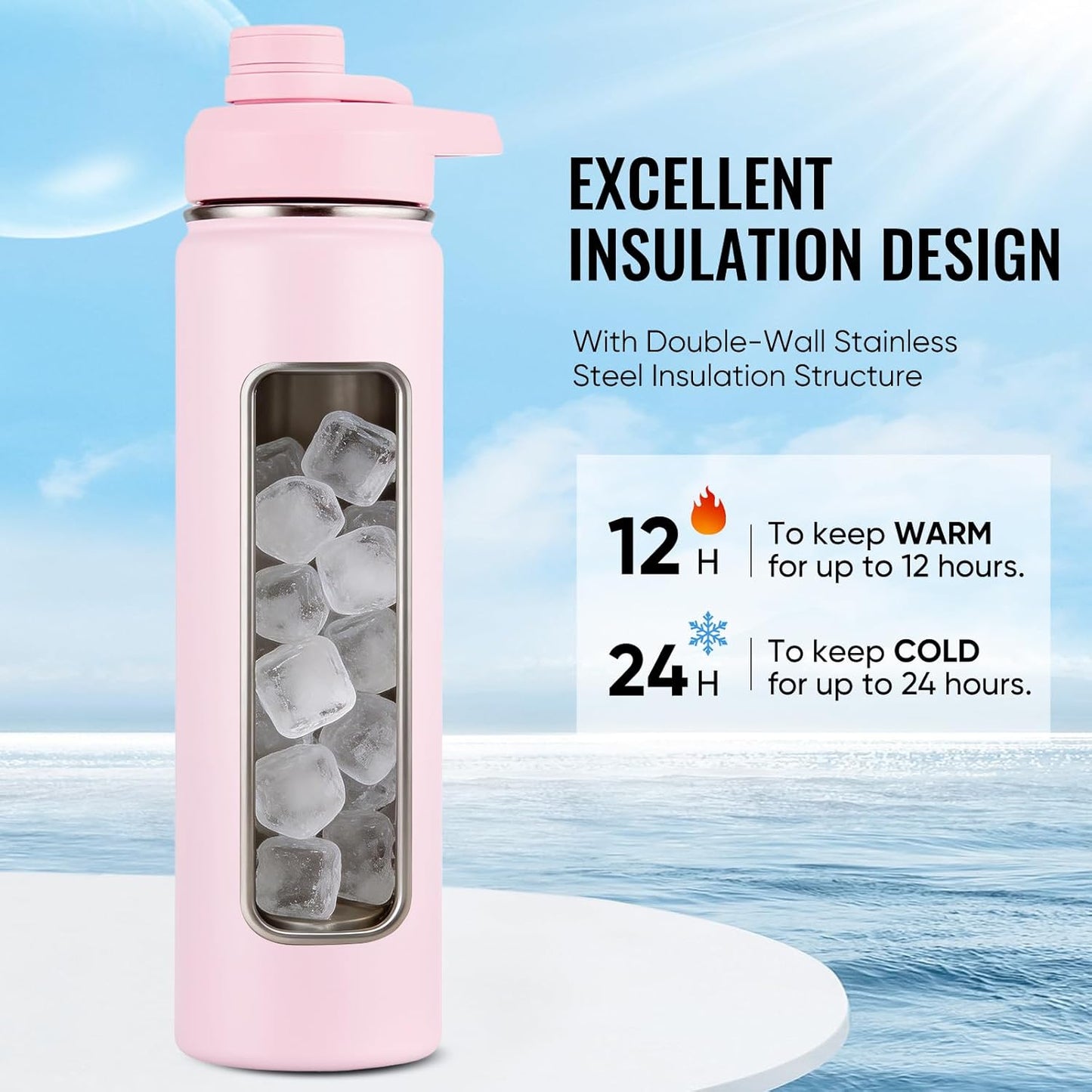 Fijinhom 24 oz Insulated Water Bottle with Handle, 304 Stainless Steel Water Bottles with Wide Mouth, Double Wall Vacuum Sports Water Bottle, BPA Free, Keep Cold and Hot, Black | with Handle
