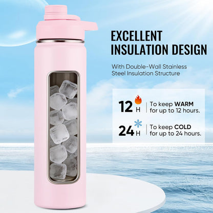 Fijinhom 24 oz Insulated Water Bottle with Handle, 304 Stainless Steel Water Bottles with Wide Mouth, Double Wall Vacuum Sports Water Bottle, BPA Free, Keep Cold and Hot, Black | with Handle