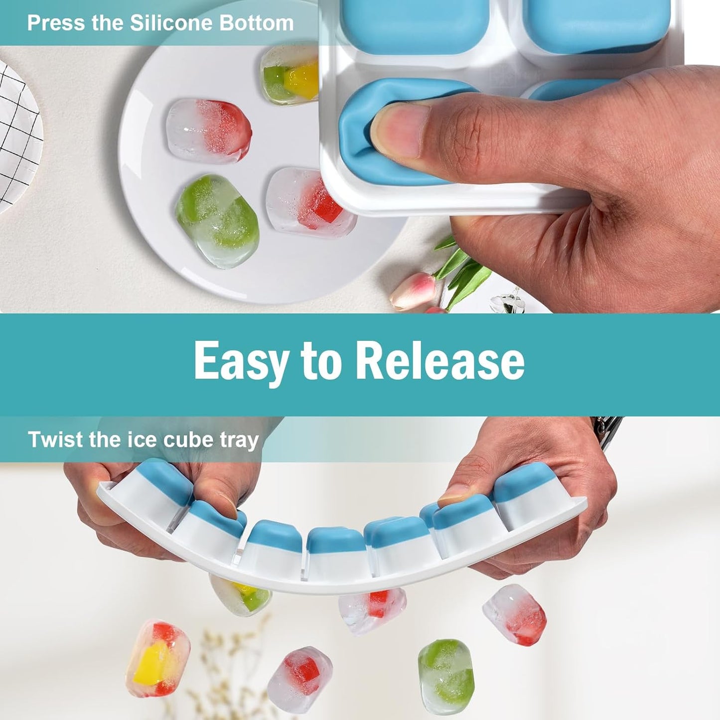 3 Pack Ice Cube Trays with Lid for Freezer, Flexible Silicone Bottom for Easy Release, Stackable Space-Saving Ice Molds, 1.2" Cubes Color-Coded (2 Green 1 Blue) for Juice, Coffee & Cocktails, BPA Free