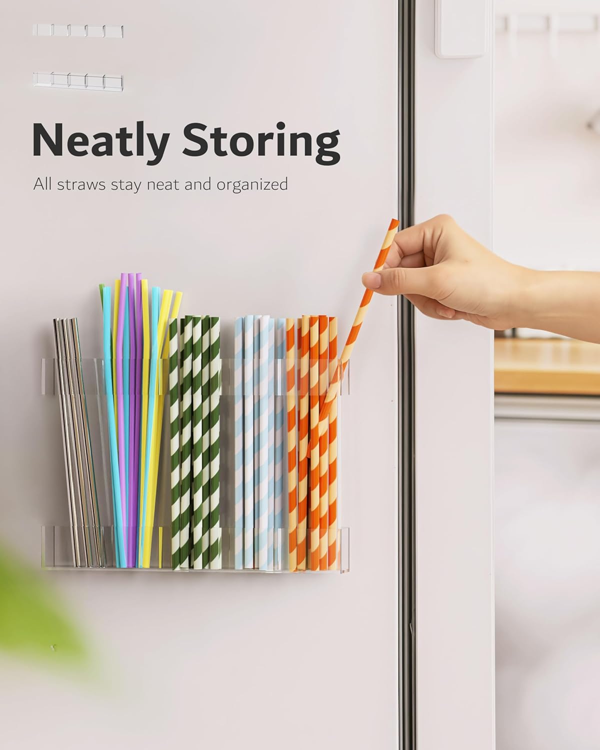 Upgraded 9.5'' Large Acrylic Straw Holder for Cabinet Door, Adjustable Space-Saving Straw Organizer Storage Dispenser for Cabinet with Ultra Sticky Adhesive Strips, 2-Part Rack, Drainage Holes