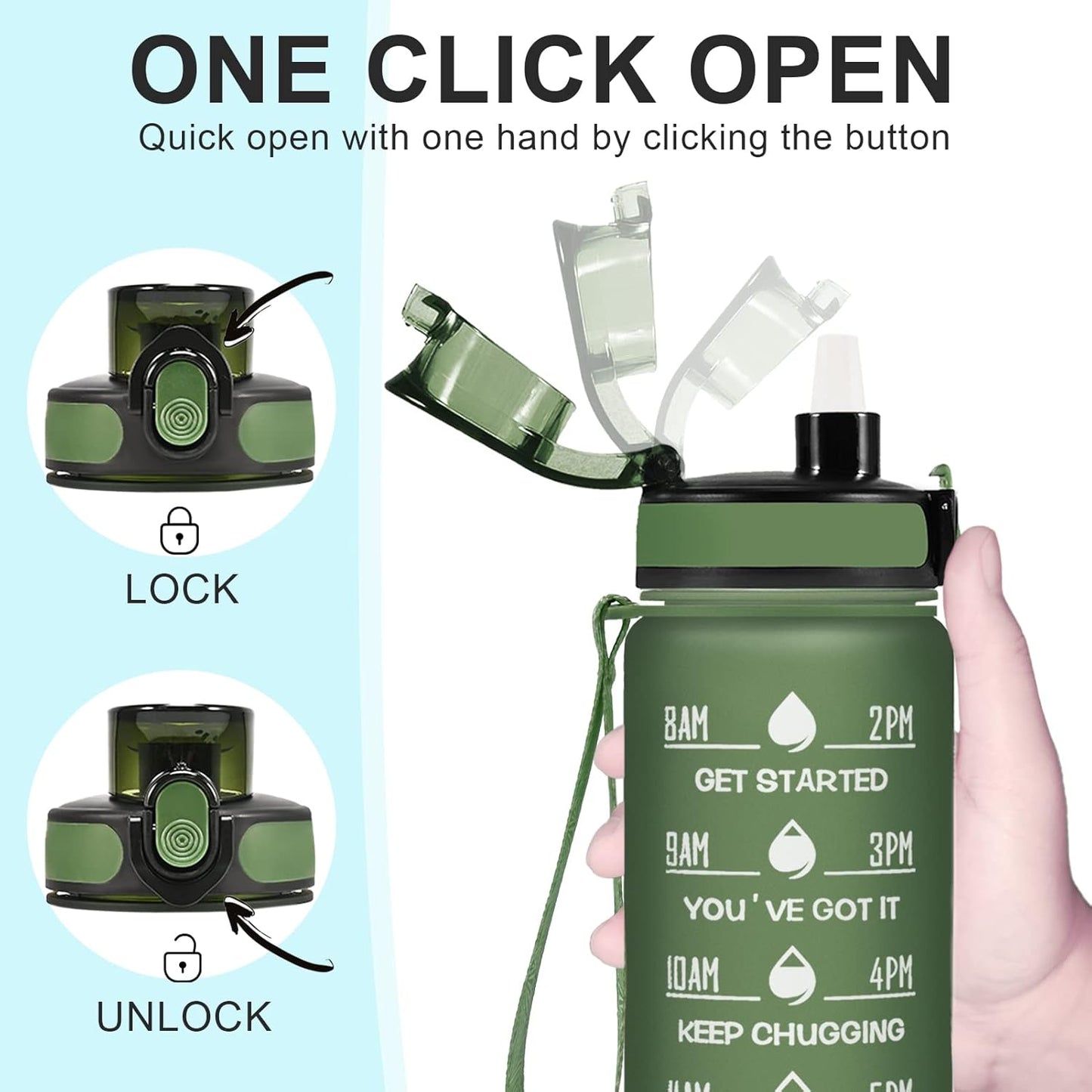 Enerbone Water Bottle, Leakproof BPA & Toxic Free, Motivational Water Bottle with Times to Drink and Straw, Fitness Sports Water Bottle with Strap for Office, Gym, Outdoor Sports