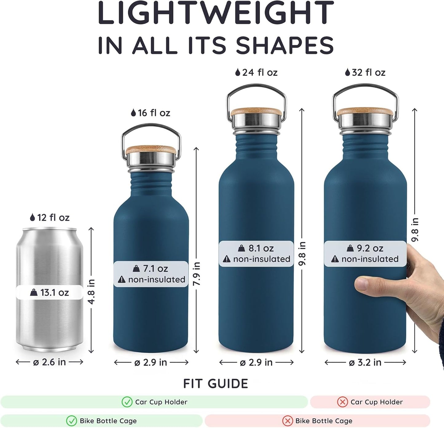 Bambaw Stainless Steel Water Bottles 32 oz, Non-insulated Single Wall Metal Water Bottle Stainless Steel, Reusable & Eco Friendly, Dishwasher Safe – Silver | Non-insulated