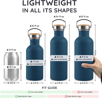 Bambaw Stainless Steel Water Bottles 32 oz, Non-insulated Single Wall Metal Water Bottle Stainless Steel, Reusable & Eco Friendly, Dishwasher Safe – Silver | Non-insulated