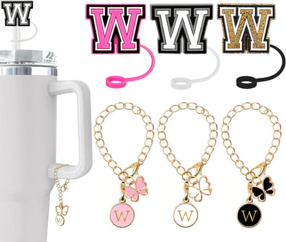 （3 +3) 3PCS Nuozme Straw Cover 10mm For Stanley Tumbler Cup Reusable Straw Cap Topper with 3 Initial Letter Charms Accessories Name ID Personalized Handle Charm For Stanley 30&40 Oz Cup Tumbler - Colors A
