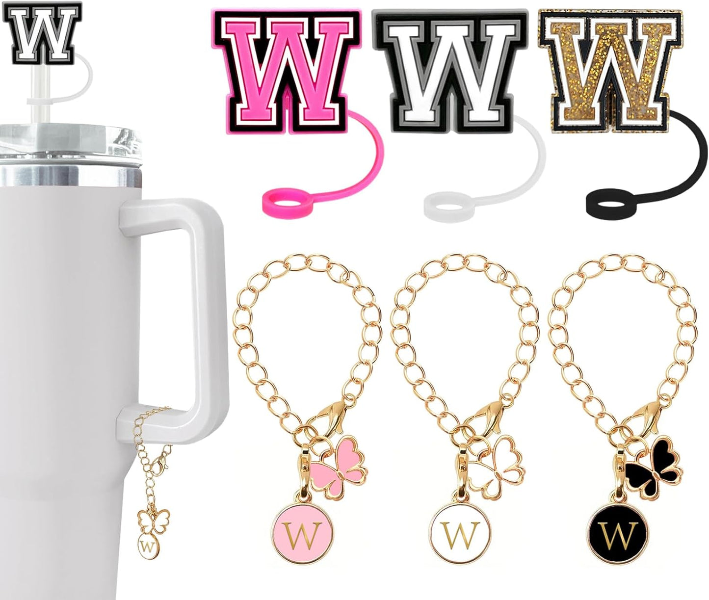 （3 +3) 3PCS Nuozme Straw Cover 10mm For Stanley Tumbler Cup Reusable Straw Cap Topper with 3 Initial Letter Charms Accessories Name ID Personalized Handle Charm For Stanley 30&40 Oz Cup Tumbler - Colors A