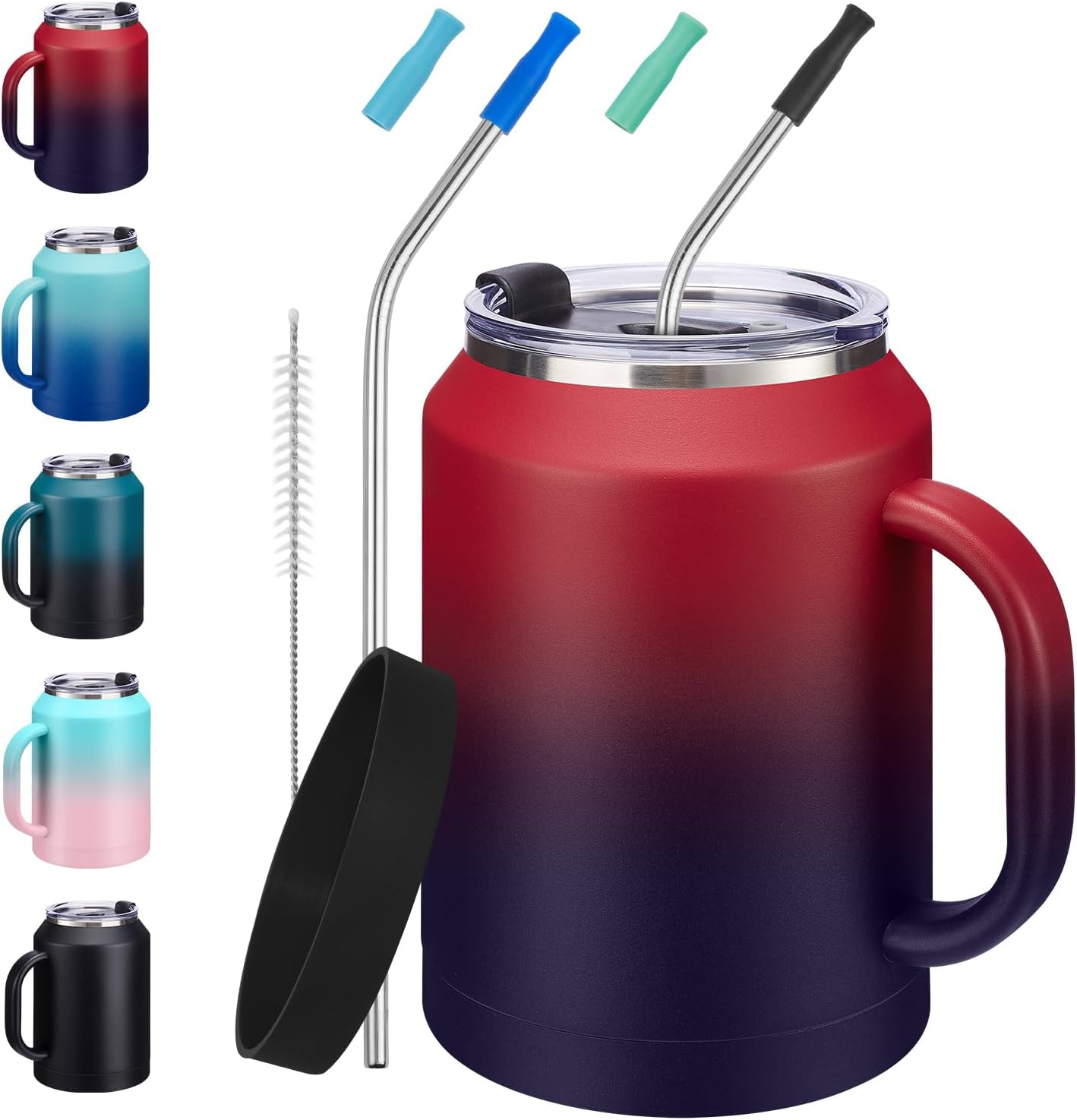 50 oz Insulated Tumbler with Handle and Straw - Stainless Steel Double Wall Coffee Mug, 2-in-1 Lid Metal Water Bottle, 36H Cold 24H Hot Travel Hydro Cup Jug with Silicone Boot