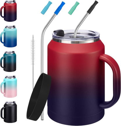 50 oz Insulated Tumbler with Handle and Straw - Stainless Steel Double Wall Coffee Mug, 2-in-1 Lid Metal Water Bottle, 36H Cold 24H Hot Travel Hydro Cup Jug with Silicone Boot