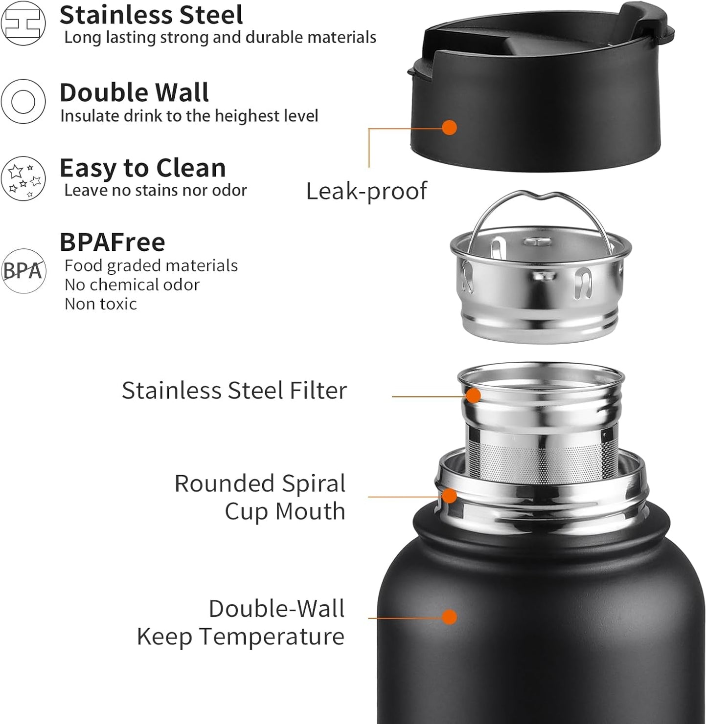 Sivaphe Tea Infuser Bottle With Removable Loose Leaf Tea Strainer Cup 18/8 Stainless Steel Portable Insulated Travel Tea Tumbler Black