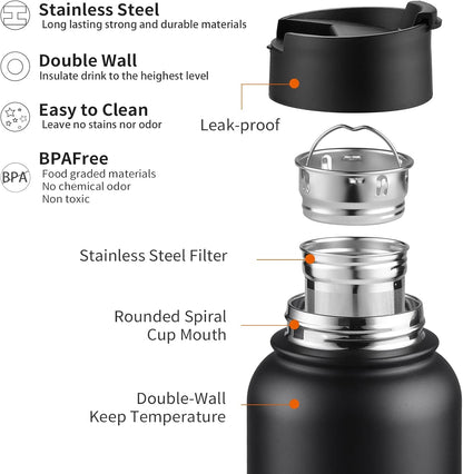 Sivaphe Tea Infuser Bottle With Removable Loose Leaf Tea Strainer Cup 18/8 Stainless Steel Portable Insulated Travel Tea Tumbler Black