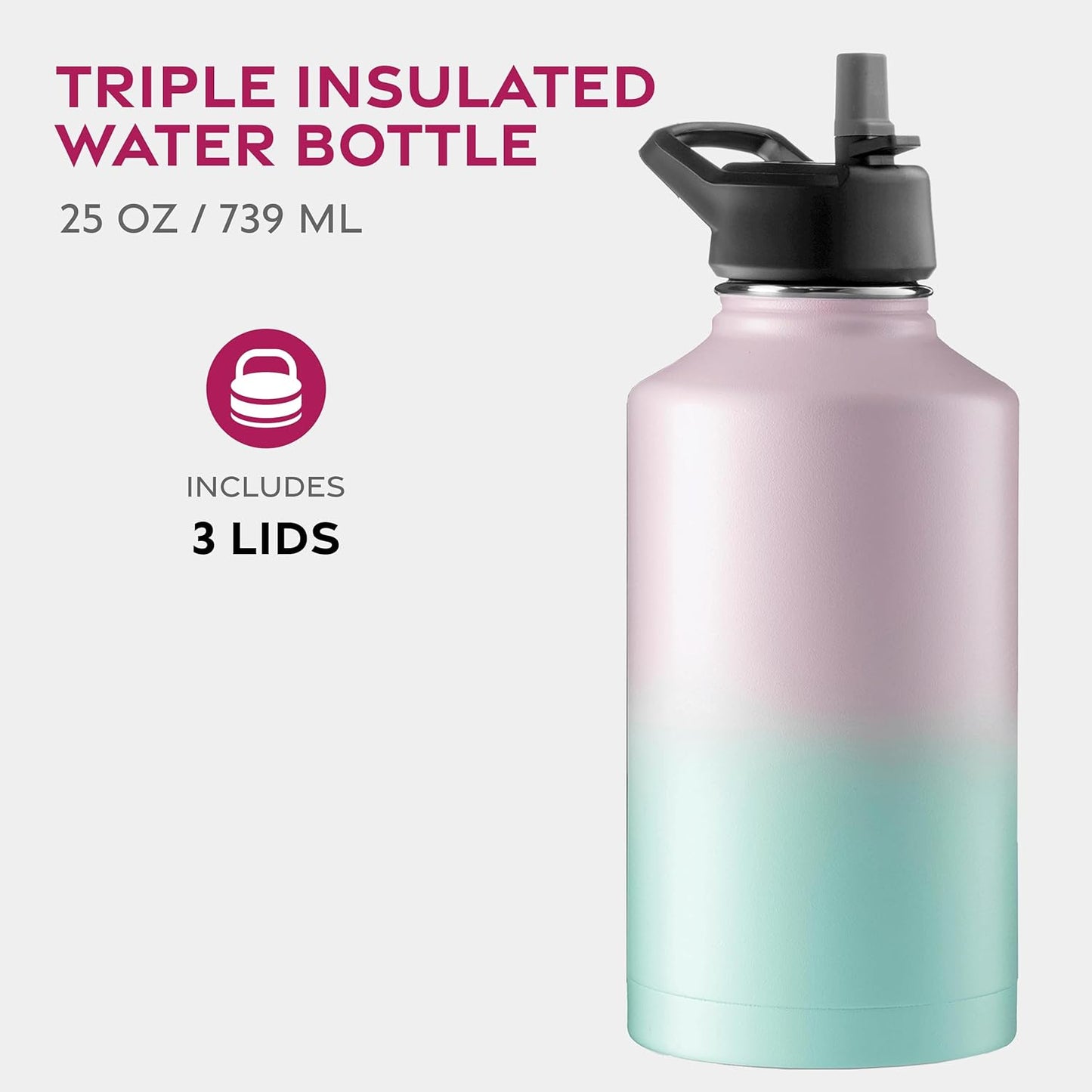 FineDine Water Bottle - Stainless Steel Insulated Water Bottle with Straw Lid, Flip Lid & Wide-Mouth Cap - Keeps Hot and Cold - 25 Oz / 739ml - Dreamy Purple