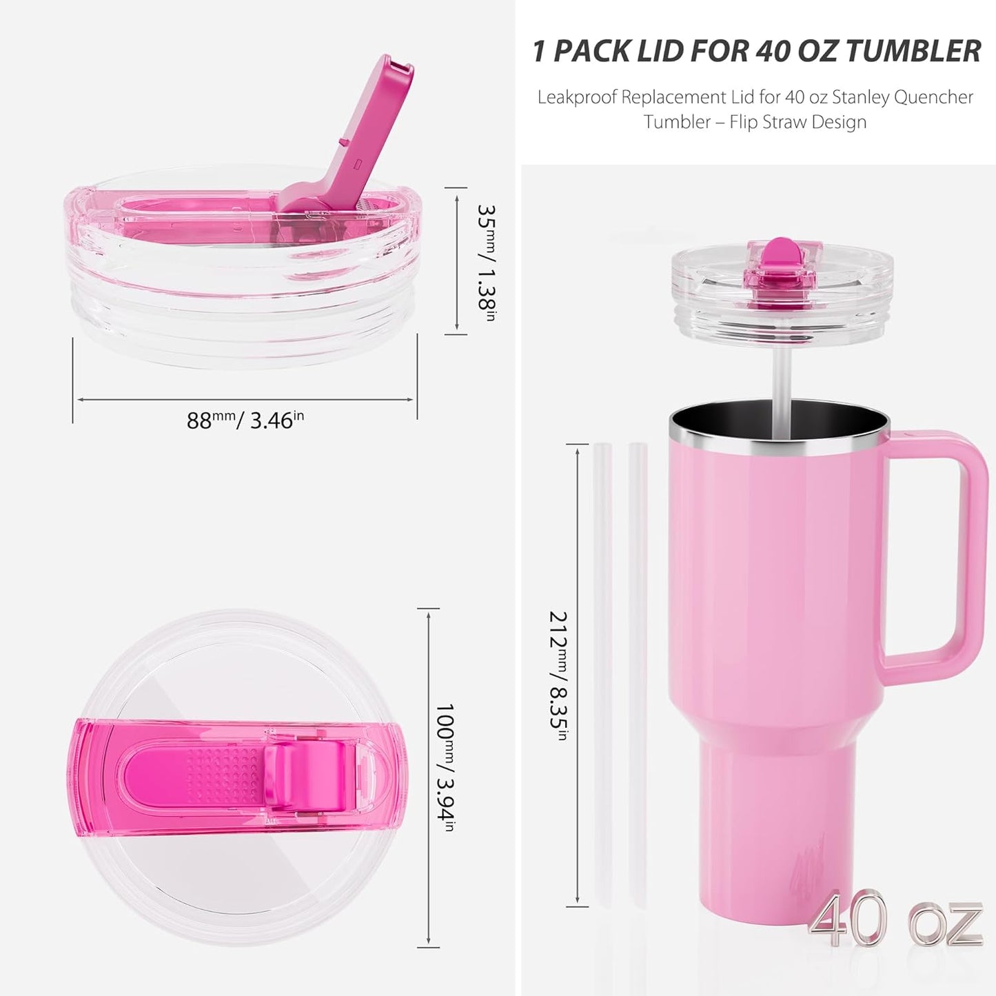 2 Pack 40 oz Flip Straw Lid for STANLEY Quencher ProTour and H2.0 FlowState Tumbler(Only for STANLEY Tumbler), Leakproof Lid, No Spill & Easy to Use Reusable Cover (Passion Pink)