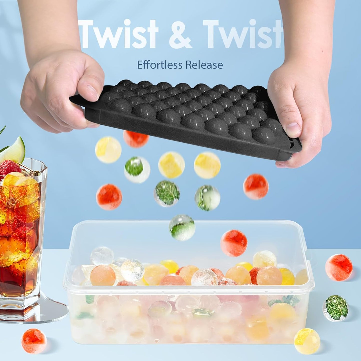 WIBIMEN Ice Cube Tray with Lid and Bin - Round Ice Trays for Freezer with Lid - Ice Cube Trays for Freezer with Ice Container (1"-2PACK Blue)