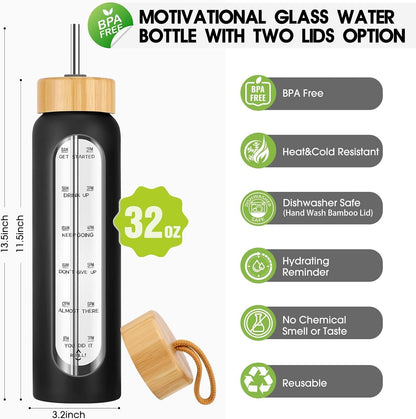 SipZest 32 oz Glass Water Bottle with Straw - Motivational Time Marker & Silicone Sleeve - Reusable Tumbler Includes 2 Bamboo Lids & Fruit Infuser - 1 Pack