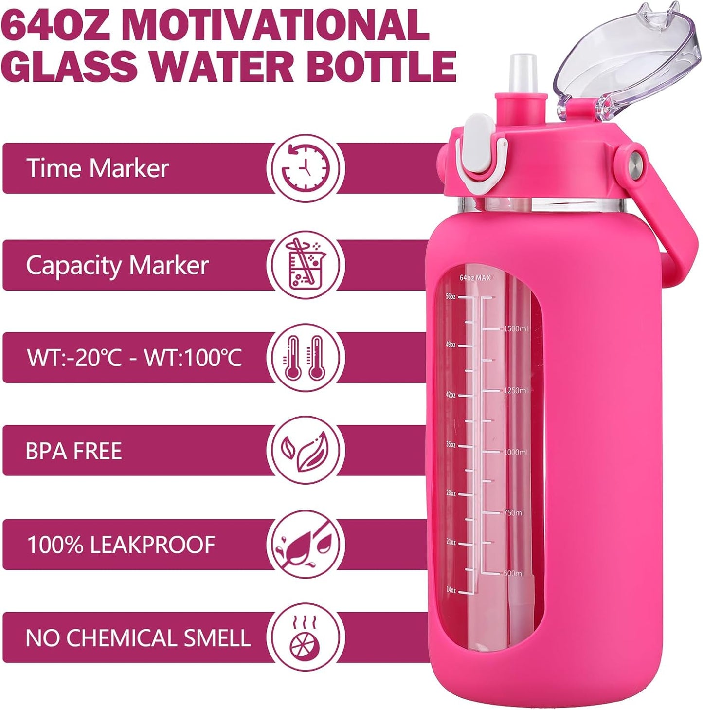 64oz Glass Water Bottles with Straw, Half Gallon Motivational Glass Bottle with Silicone Sleeve and Time Marker, 2L Leakproof Large Glass Water Jug for Gym Home Office,olive
