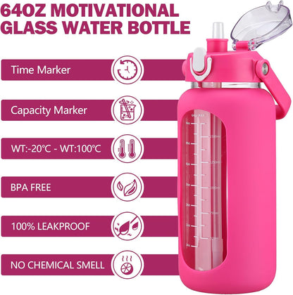 64oz Glass Water Bottles with Straw, Half Gallon Motivational Glass Bottle with Silicone Sleeve and Time Marker, 2L Leakproof Large Glass Water Jug for Gym Home Office,olive