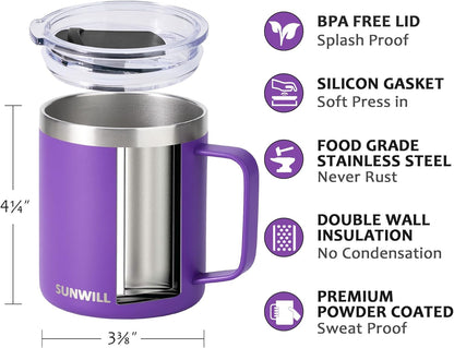 SUNWILL Travel Coffee Mug with Lid, Insulated Tumbler with Handle, 14 oz Stainless Steel Cup for Ice, Water, Tea, Rose Gold