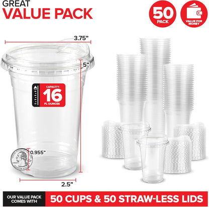 16 oz Clear Plastic Cups with Lids Disposable, Togo Drinking Cup with Strawless Sip Lid for Smoothie, Cold Brew Iced Coffee, Lemonade, Ice Latte, Boba, Party Drinks, Bulk, 16 Ounce (Set of 50)