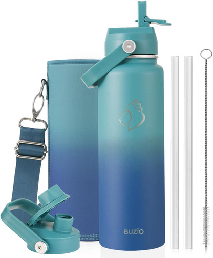 BUZIO 40oz Insulated Water Bottle, Triple Wall Vacuum Stainless Steel Water Flask with 2 lids, Lead-Free BPA-Free Straw Lid Sports Canteen Jug, Cold 48H & Hot 24H- Black - Colors B