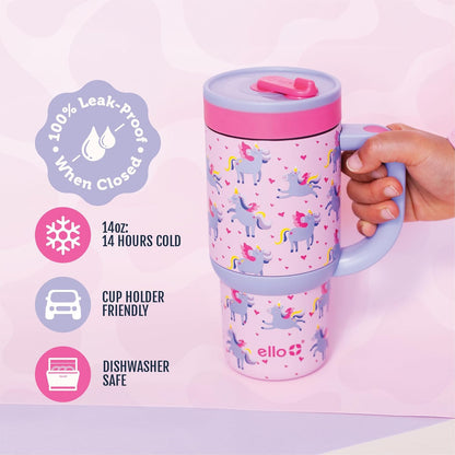 Ello Oasis 18oz Kids Tumbler with Handle & Retracting Straw, 100% Leakproof Reusable Insulated Stainless Steel Cup, Gifts for Teens Girls Boys, Keeps cold for 18 Hours, Cup Holder Friendly, Glacier