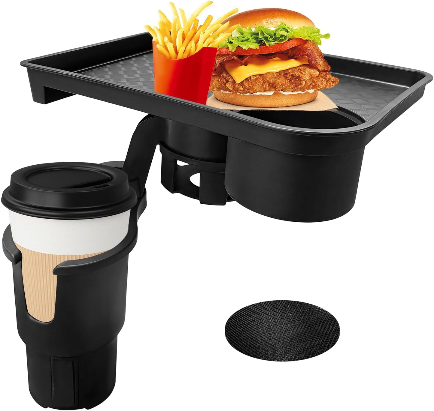 Car Cup Holder Tray, 2 in 1 Detachable Snack Food Tray Table with Cup Holder & Phone Slot, 360° Rotatable Cupholder Extender for Travel Road Essentials, Car Accessories