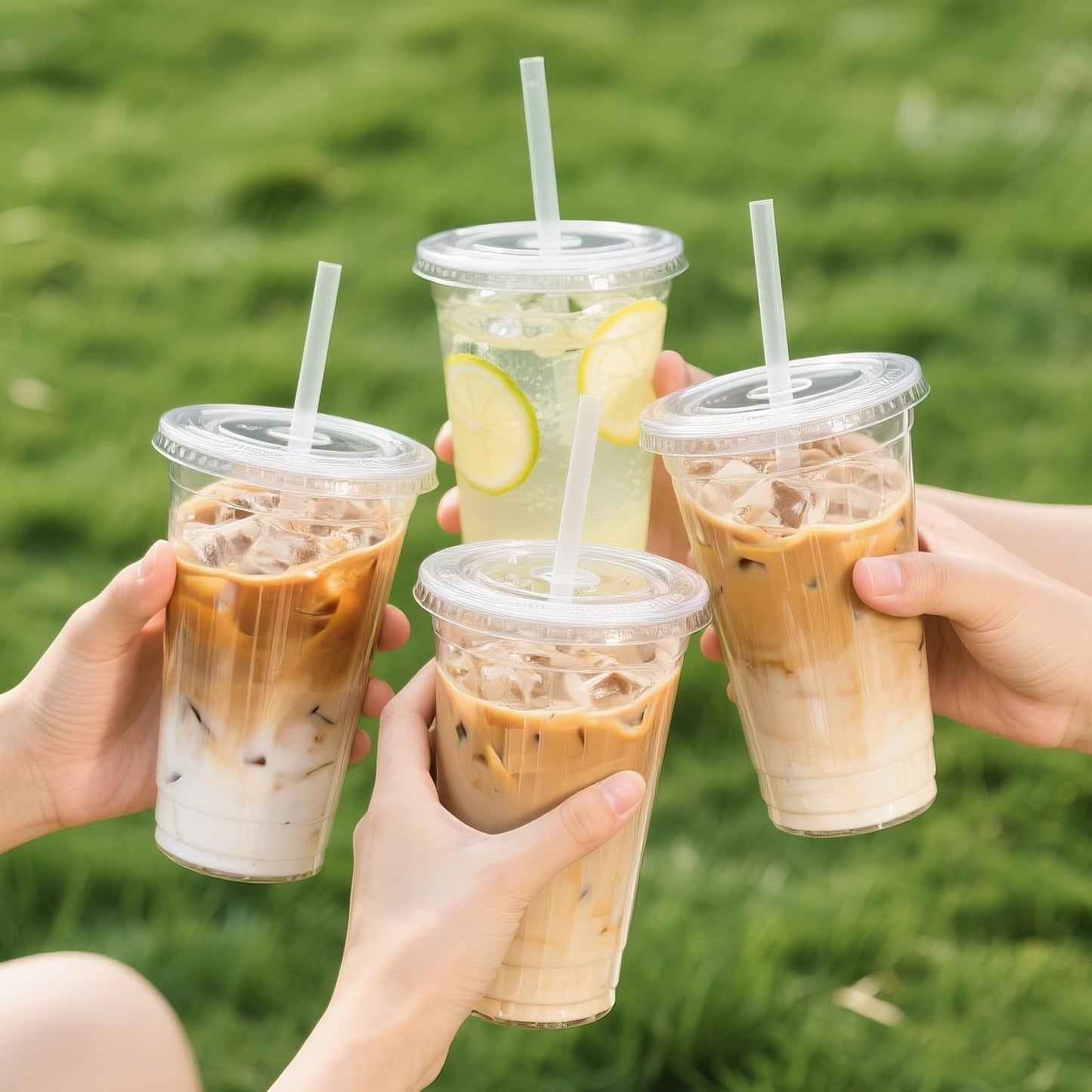 Ginkgo 32 oz Clear Plastic Cups with Lids and Jumbo Straws, Disposable To Go Iced Coffee Cups for Smoothie, Boba Milk Tea - 50 Pack