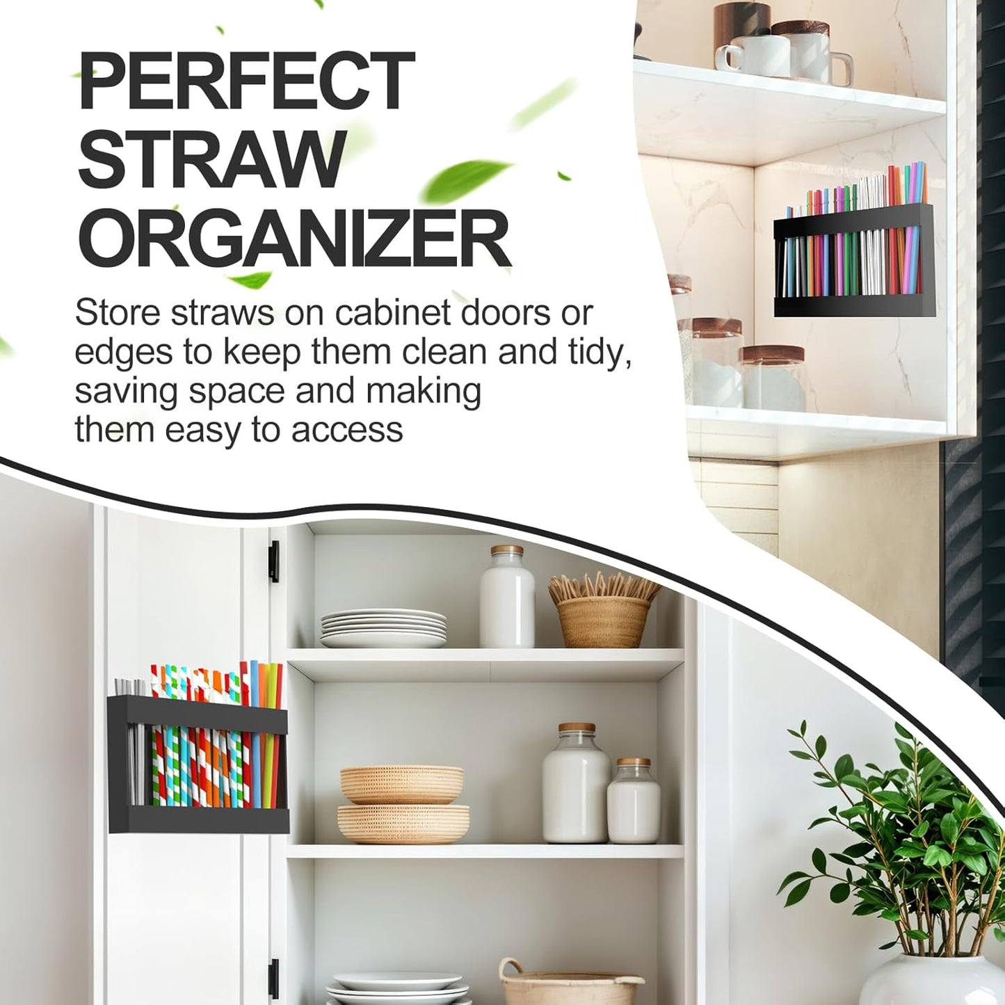 9.5” Large Acrylic Straw Holder for Cabinet Door with Detachable Ultra Sticky Adhesive Squares and Stickers, 2026 Reusable Straws Organizer Storage Dispenser for Kitchen Counter Cupboard