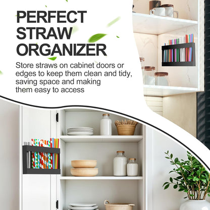 9.5” Large Acrylic Straw Holder for Cabinet Door with Detachable Ultra Sticky Adhesive Squares and Stickers, 2026 Reusable Straws Organizer Storage Dispenser for Kitchen Counter Cupboard