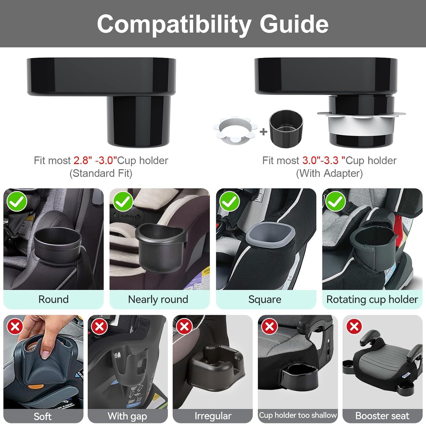Car Seat Snack Tray for Toddlers - 3 Inch Cup Holder Fits Most Sippy Cups & Straw Bottles with Dip Well, Mess-Free Square Kids Travel Tray Road Trip Essentials, Black