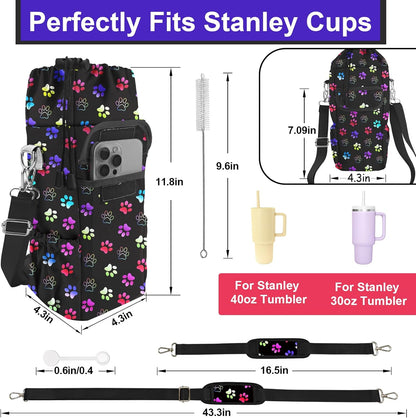 Water Bottle Carrier Bag with Phone Pocket for Stanley Cup 30/32/40 oz Tumbler with Adjustable Strap,Insulated Water Bottle Holder Pouch Crossbody Sling for Walking Travel