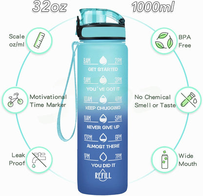 Enerbone Water Bottle, Leakproof BPA & Toxic Free, Motivational Water Bottle with Times to Drink and Straw, Fitness Sports Water Bottle with Strap for Office, Gym, Outdoor Sports