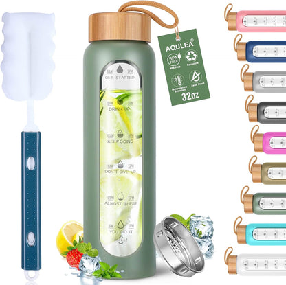 Aqulea Glass Water Bottles 25 Oz with Silicone Sleeve - BPA Free Reusable Wide Mouth Glass Motivational Water Bottles with Fruit Infuser – Leak Proof Borosilicate Water Bottle with Time Marker (White)