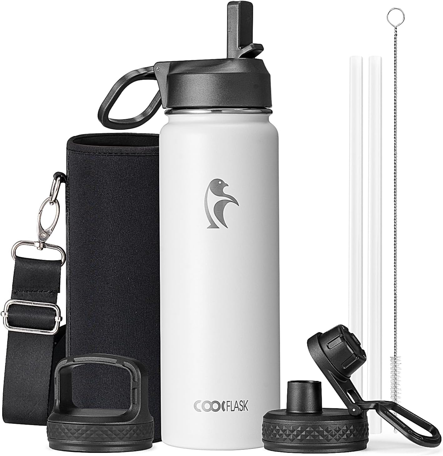 Half Gallon Water Bottle Insulated with Straw & 3 Lids, Coolflask 64 oz Water Jug Large Metal Stainless Steel Wide Mouth for Sports, Gym or Office, Non-BPA Keep Cold 48H Hot 24H, Samurai Cyan