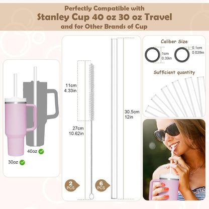 AOTWAN Glass Straws for Stanley 10 Pack 40/30 oz Tumbler,12inch Replacement Straw for Stanley 4 Straight and 4 Bent with 2 Brushesh,Reusable Glass Straws for Stanley Cup