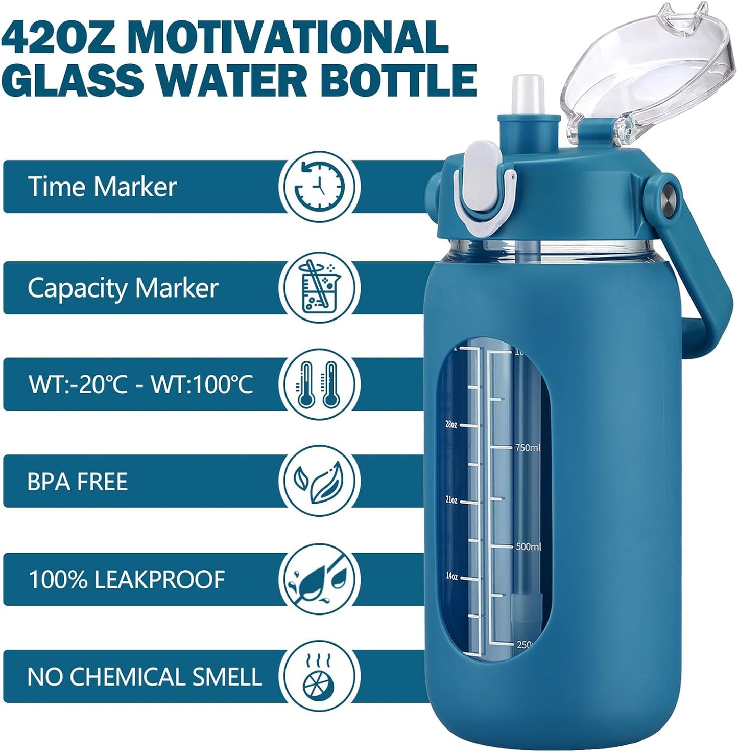 64oz Glass Water Bottles with Straw, Half Gallon Motivational Glass Bottle with Silicone Sleeve and Time Marker, 2L Leakproof Large Glass Water Jug for Gym Home Office,olive