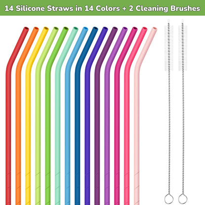 NiHome 14PCS Silicone Straws Fit for Stanley 40oz 30oz Tumbler, 14” Extra Long Reusable Drinking Straw, Flexible Can Cut Length for 1/Half Gallon 75 64 OZ Large Water Bottle - 2 Brushes (Rainbow)