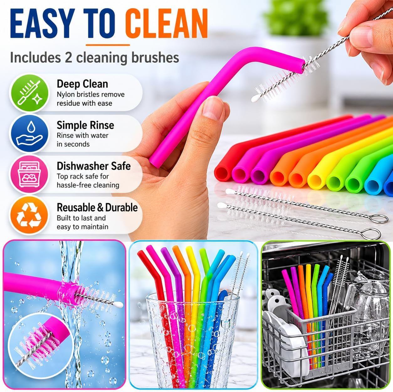 Reusable Silicone Straws for Tumblers, Smoothies & Kids Drinks – 15 Pack Flexible BPA-Free Drinking Straws with 2 Cleaning Brushes – Soft on Teeth & Lips – Fits 20oz & 30oz Tumblers