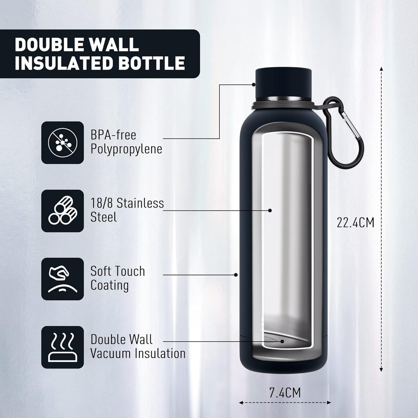 Exllena Slim Insulated Water Bottles for Travel 18oz with Clip, Double Wall Vacuum Stainless Steel Water Bottle Keeps Drinks Cold 24 Hrs/Hot 12 Hrs, 100% Leakproof, BPA Free(Black)