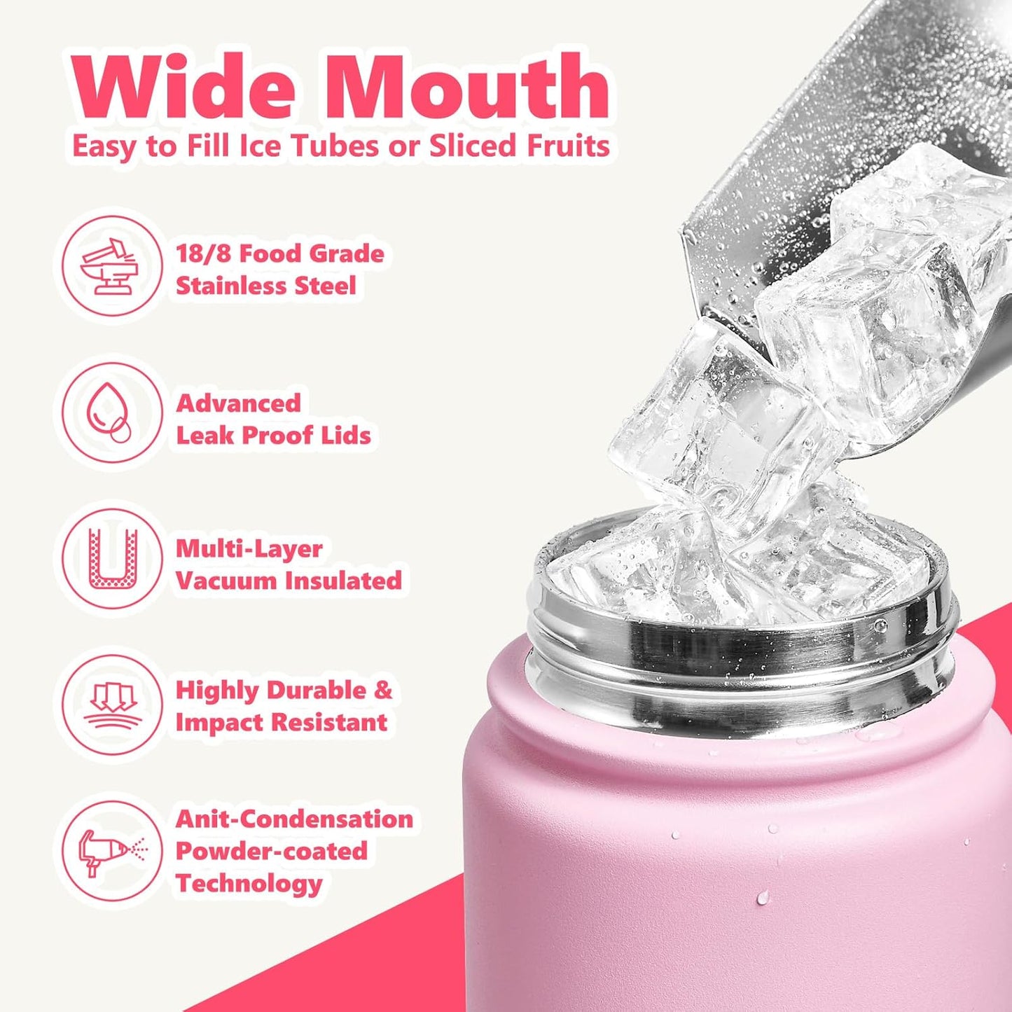 Insulated Water Bottle with Lid & Boot & Stickers, 24 oz Stainless Steel Sweat Free Bottle Keep Cold 24H, BPA-Free Sports Wide Mouth Water Bottle, BlueBlack