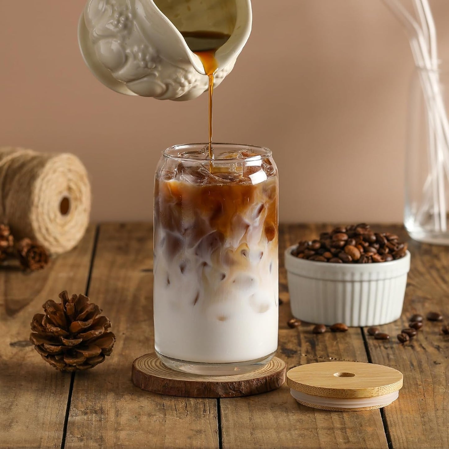[ 12pcs Set ] Glass Cups with Bamboo Lids and Glass Straw - Beer Shaped Drinking Glasses, 16 oz Iced Coffee Glasses, Cute Tumbler Cup for Smoothie, Boba Tea, Whiskey, Water - 4 Cleaning Brushes